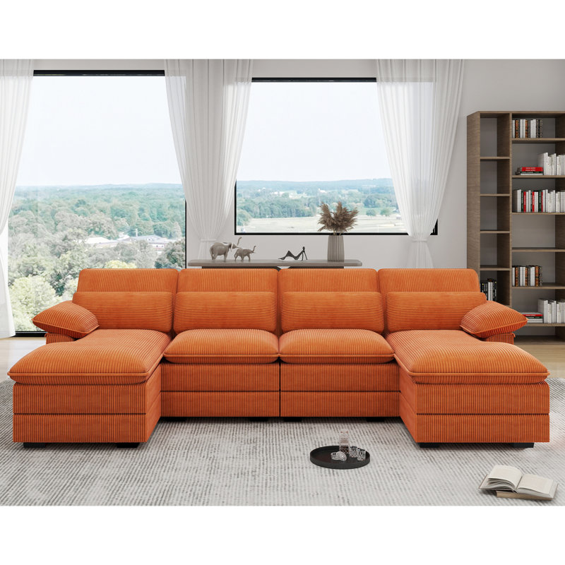 Balendin 111.8'' Soft U-Shape Sectional Couch Upholstered Sofa, Comfy Modular Cloud Couch, Orange Corduroy