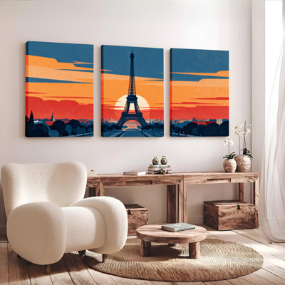 Eiffel Tower Sunset Landscape Canvas Wrapped Wall Art Set of 3