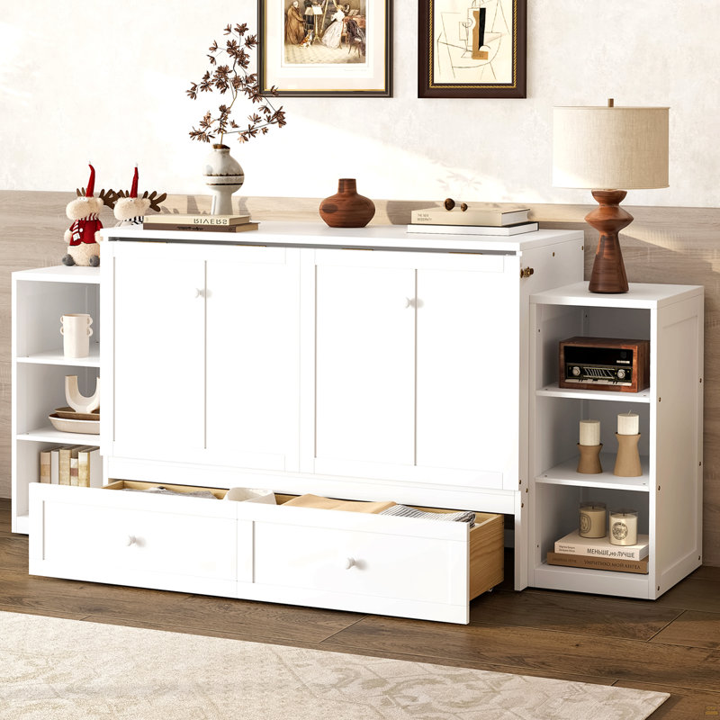 Lit escamotable double avec tiroirs et tablettes de rangement spacieux, Double, Blanc