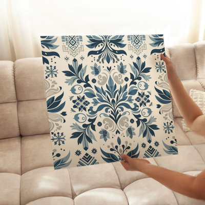 Motif damassé abstrait en bleu et beige, impression d'art scandinave sans cadre