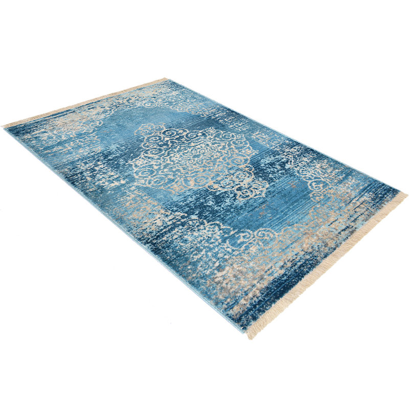 Crayton Machine Made Polyester Area Rugs - Rectangle Shape, Blue Color, Classic Oriental Traditional Design, Low Pile Machine Made Area Rugs for Living Room, Bed Room
