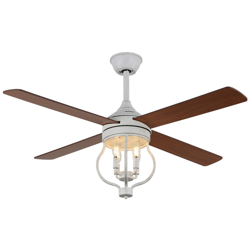 Kahliel 48" Caged Ceiling Fan with Light and Remote, Reversible DC Motor Farmhouse Solid Wood Ceiling Fan, Brown, White