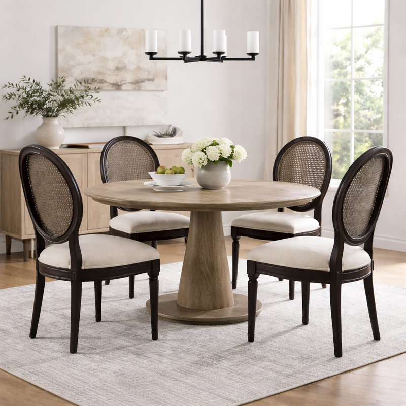 Durocher Dining Chair - Oval Rattan Back with Upholstered Seat - Farmhouse Kitchen & Dining Room Chair, Brown