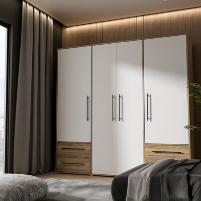 Spacious scandi style wardobe with 4 turning doors and 4 drawers, engineered wood, warm oak decor/white, 205.9 cm W x 200.1 cm H x 58.8 cm D