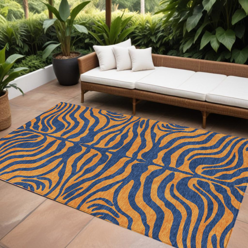 Tapis d'extérieur lavable à imprimé animal bleu marine et rose 10 pi x 14 pi