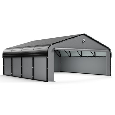 20' W x 20' D Heavy-Duty Galvanized Steel Carport with Removable Gray Fabric Walls & Solar Light, All-Weather Outdoor Shelter Rated for 100 MPH Wind and 35 PSF Snow Load