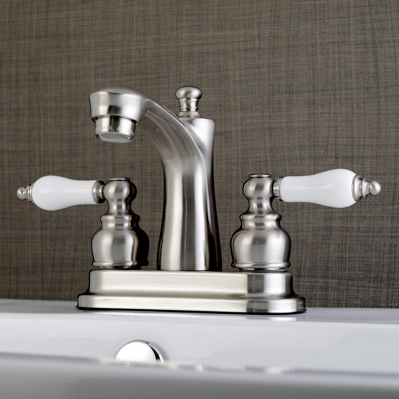 Kingston Brass Victorian Two-Handle 3-Hole Deck Mount 4" Centerset Bathroom Faucet with Plastic Pop-Up, Brushed Nickel