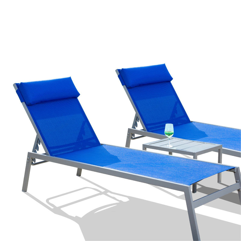 3 Outdoor Chaise Lounge In Blue - Adjustable Back Chairs & Side Table. Steel , Resistance, Non-Slip. For Pool Area, Garden, Balcony. Easy Assembly Patio 3 Pieces With Table Steel, Fabric, 5 Settings,