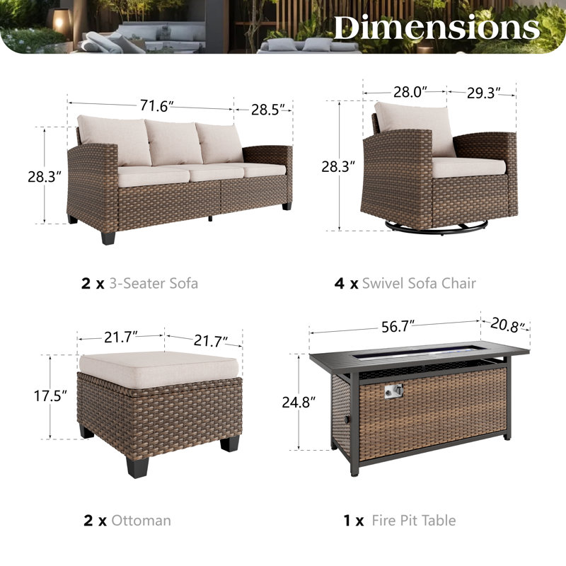 Ensemble de conversation d'extérieur en osier pour 10 personnes avec chaises pivotantes et foyer, Beige, Oui