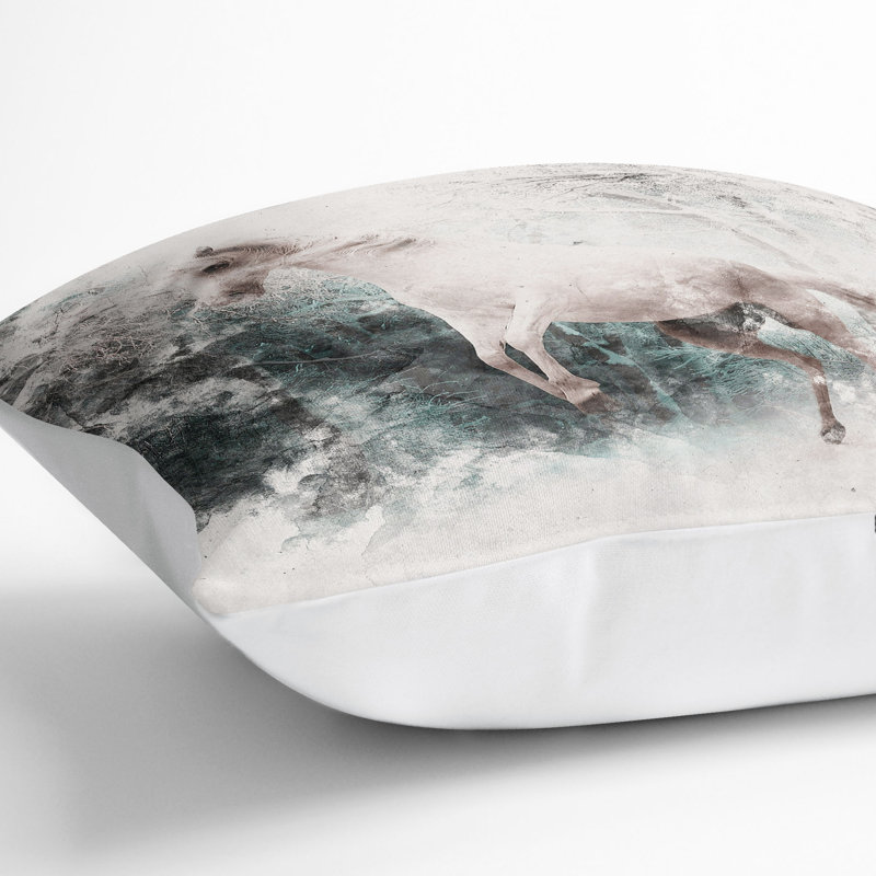 Horse Rearing in a Winter Forest Watercolour Cushion with Filling, White, 40cm H x 40cm W x 15cm D