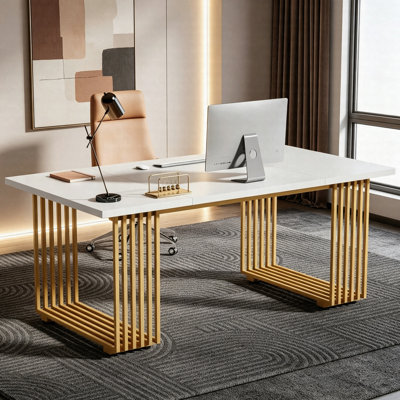 70.9" Executive Desk, Modern Office Computer Desk Conference Table In White & Gold
