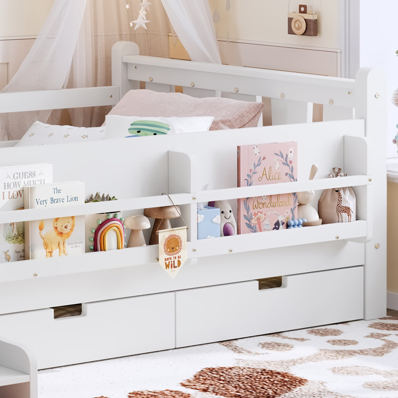 Lit sur pied avec tiroirs de rangement et bibliothèques pour tout-petits Haven Kids, Lit simple, Blanc