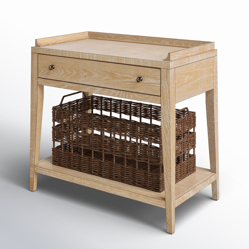 1 - Drawer Nightstand with Wicker Basket, Rustic Natural Oak