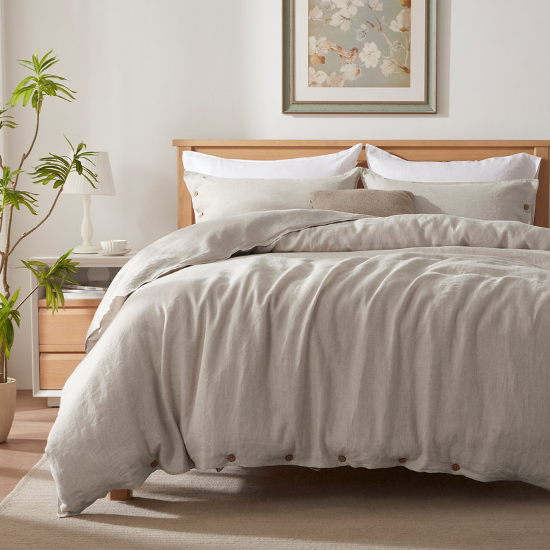 TOSMO 100% Linen Duvet Cover Set with Button Closure,Soft Breathable Durable Farmhouse Bedding, Natural Linen