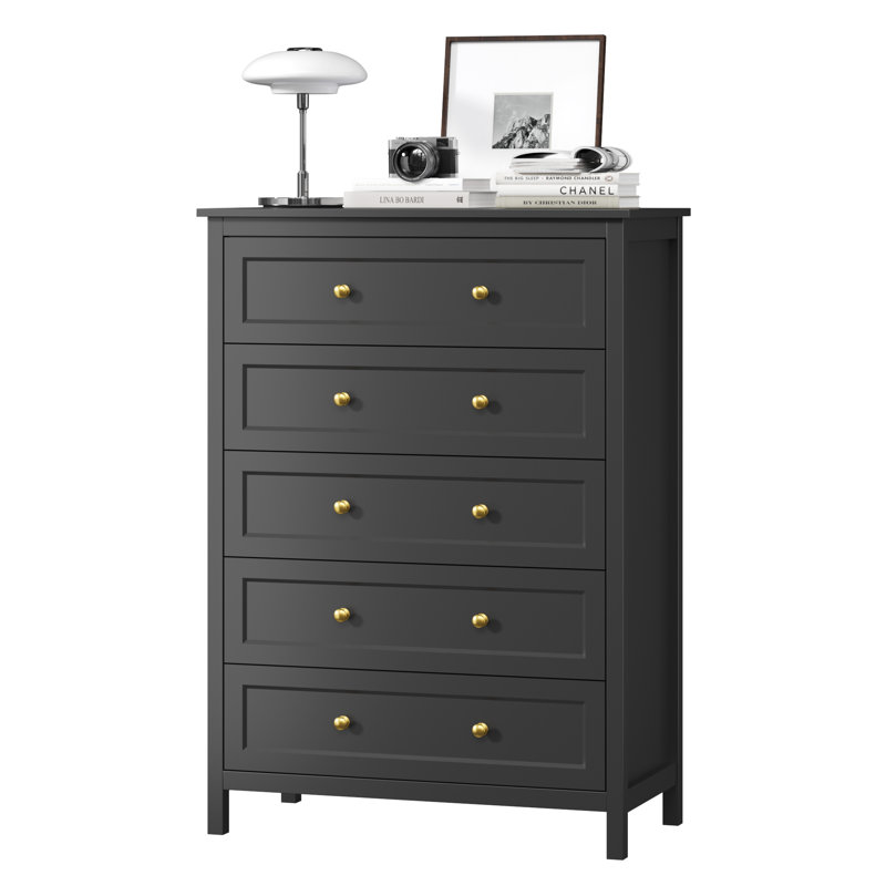5 Drawer Dresser For Bedroom, 42" Tall Chest Of Drawers With Golden Handles, Modern Wooden Bedroom Storage Cabinet For Living Room And Closet, Black
