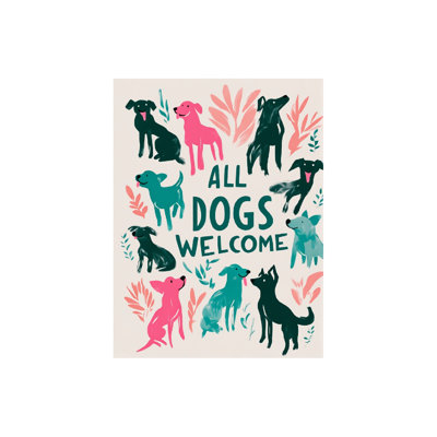 "All Dogs Welcome"Multicolored Dog,Built-In Back Wood Frame, Canvas Print Wall Art, 24W X 36L