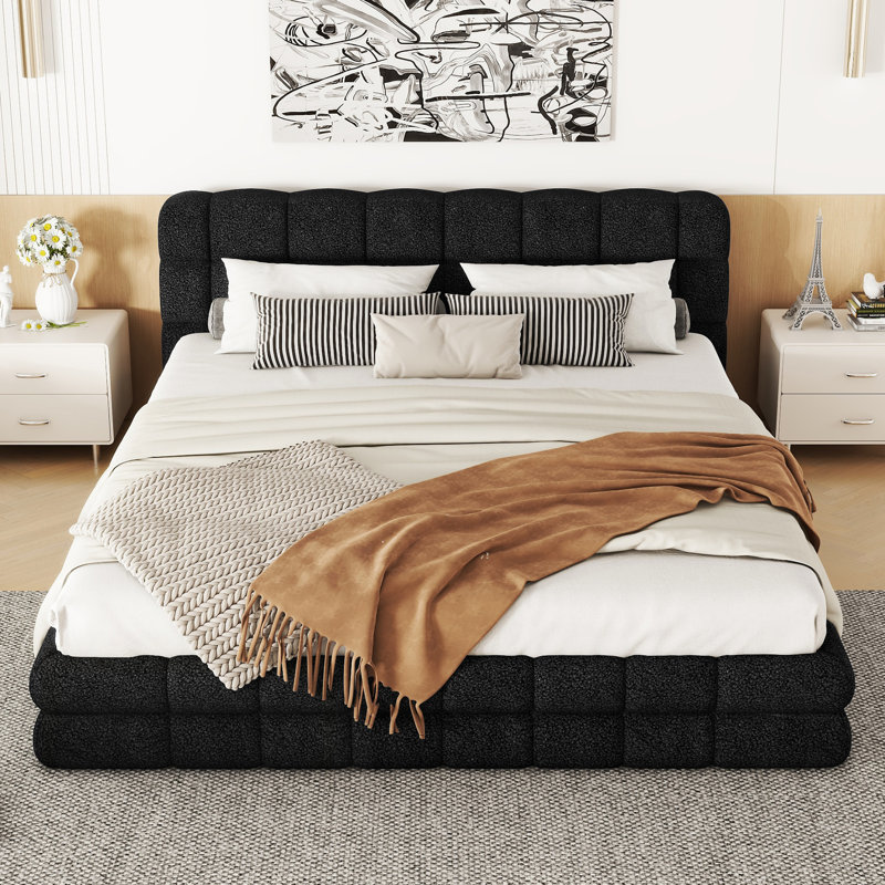 Lit plateforme tapissier, conception élégante et fabrication robuste pour un sommeil confortable et élégant, Noir
