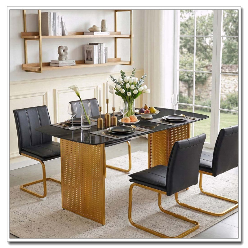 Table de salle à manger rectangulaire moderne en verre trempé avec motif en marbre, Noir et doré
