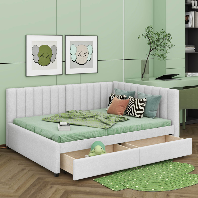 Full-Size Upholstered Daybed With Two Spacious Built-In Storage Drawers, Beige