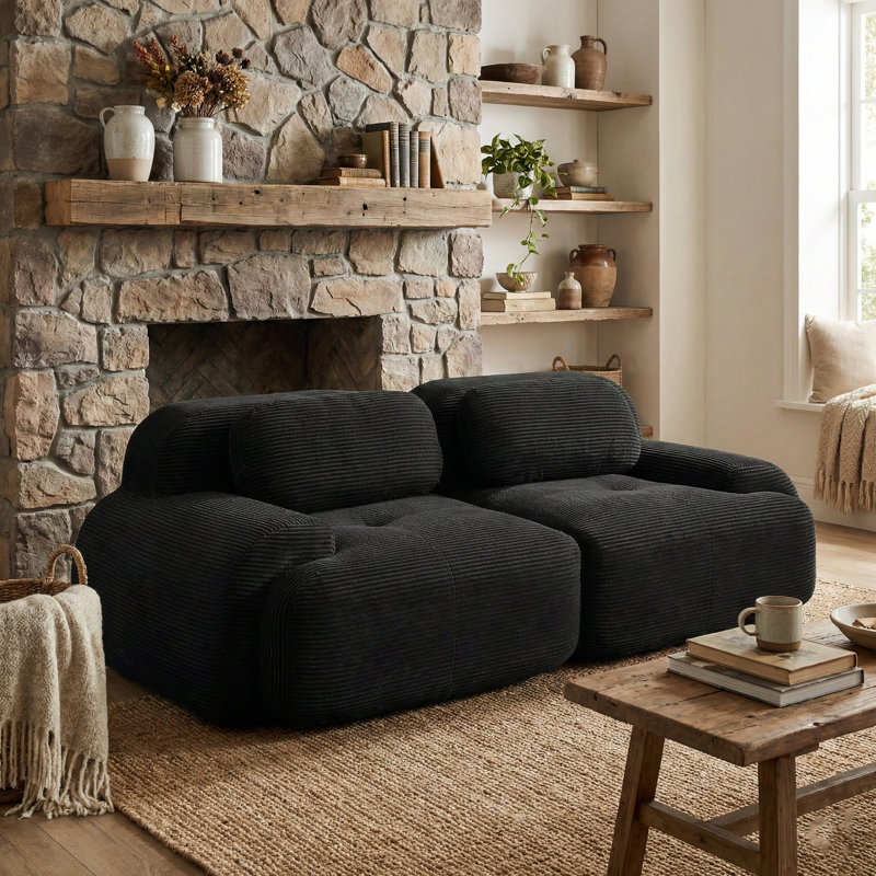 Canapé modulaire moderne en velours côtelé noir avec sièges larges pour le salon, Nuit noire