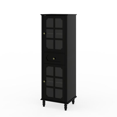 61" Tall Farmhouse Storage Cabinet, Black Freestanding Pantry Cabinet with Tempered Grid Glass Doors & Drawer, Engineered Wood Display Curio Cabinet for Kitchen Dining Living Room