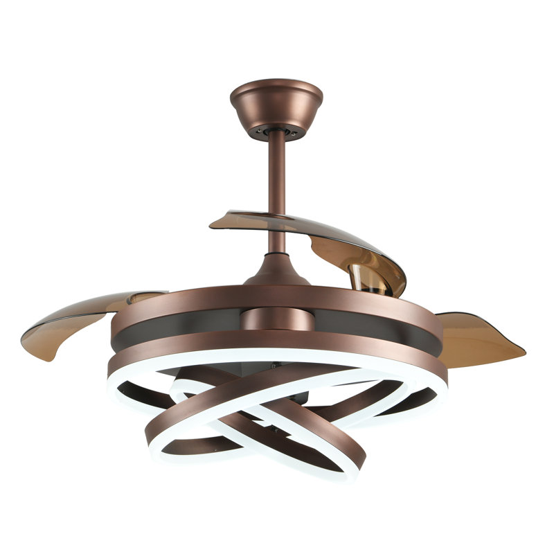 Ventilateur de plafond à DEL rétractable 36 po avec télécommande et moteur d'éclairage, Brun
