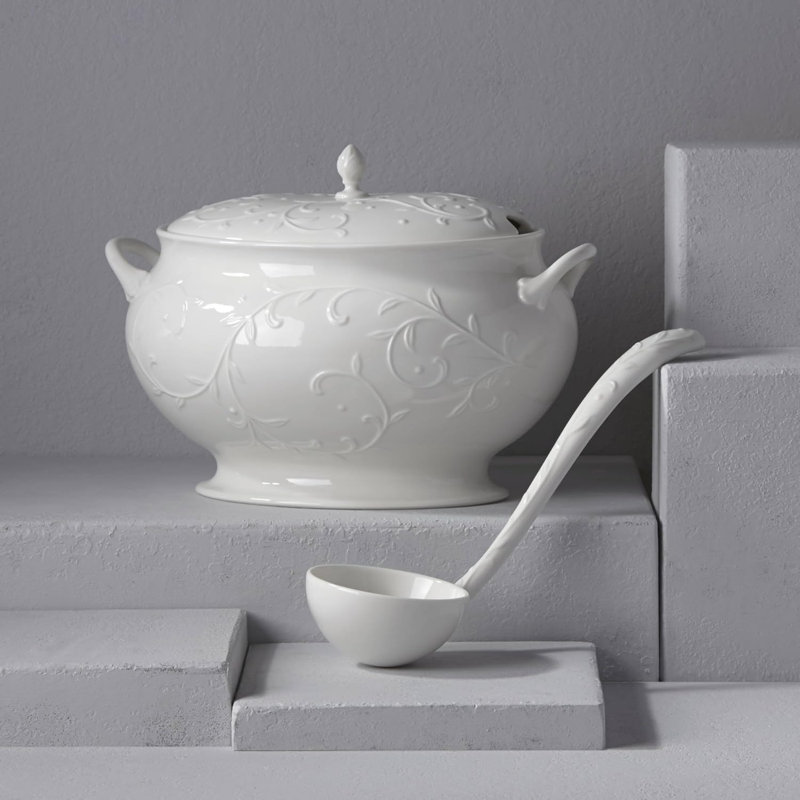 Lenox Opal Innocence Carved Covered Soup Tureen Set with Ladle, 152 oz, White