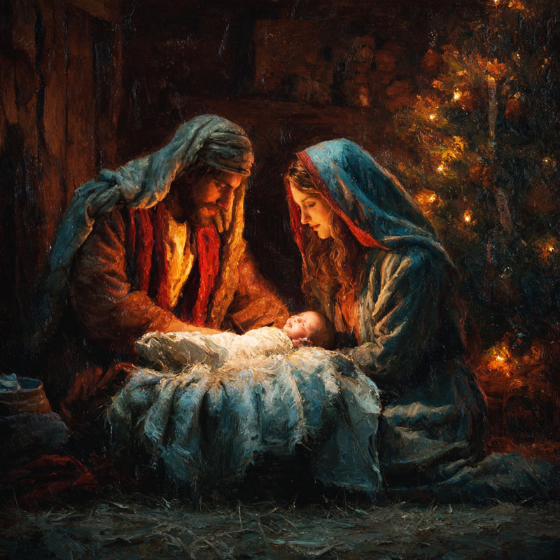 Art sacré sur toile «Christmas Night Nativité», H 20 po x l 20 po