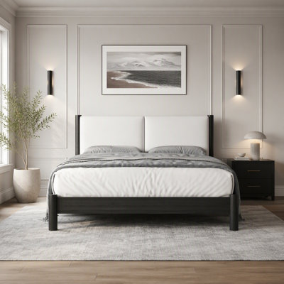 Wooden Upholstered Platform Bed Frame with PU Leather Headboard