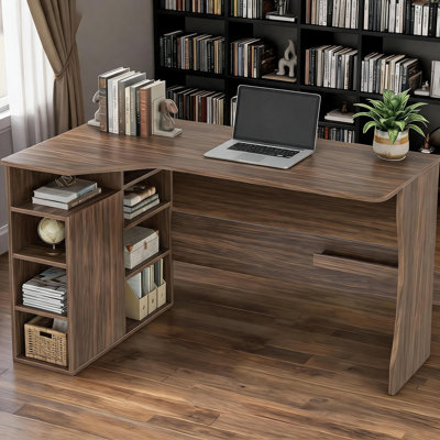 Bureau en L avec tablettes de rangement, petit bureau d'angle pour les petits espaces, table réversible avec 3 tablettes à niveaux, bureau personnel, bureau d'écriture pour jeux vidéo, bois de noyer