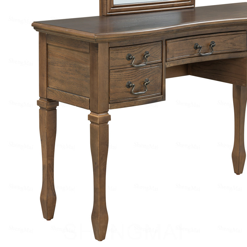 Coiffeuse de maquillage 46 po avec miroir à cadre floral incurvé, coiffeuse élégante avec 5 tiroirs et tabouret en cuir, coiffeuse avec pieds en bois massif et poignées antiques pour la chambre à coucher