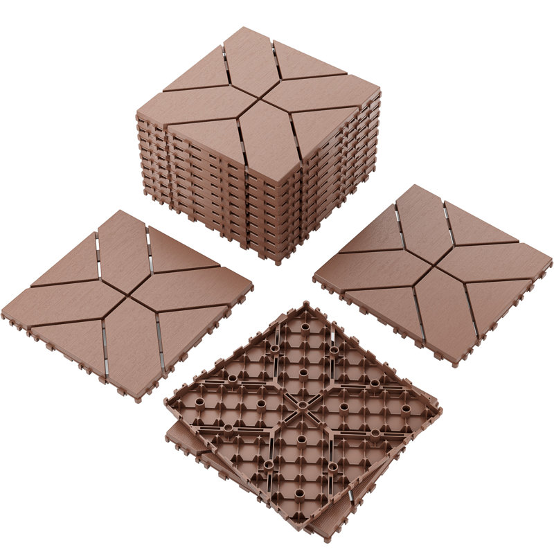 Carreau de terrasse emboîtable en plastique à texture géométrique L 12 po x l 12 po avec 12 bandes de bordure, 4 pièces d'angle et 1 paire de gants (ensemble de 44)