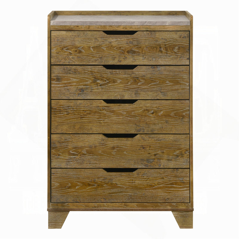 Commode de rangement de chambre à coucher transitionnelle avec 5 tiroirs en bois d'hévéa massif 1pc