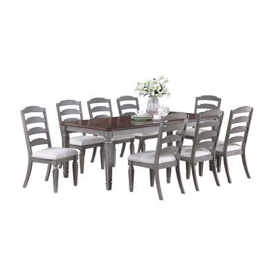 Classic 9pc Dining With Grey Fabric Table And 8 Side Chairs Veneer Back