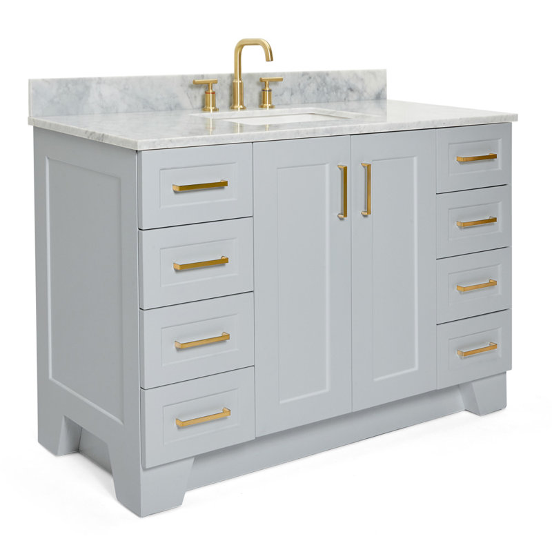 Ensemble de meuble-lavabo simple 55 po en bois massif blanc avec plateau en marbre de Carrare 0,75 po Freitas, Blanc, Ovale