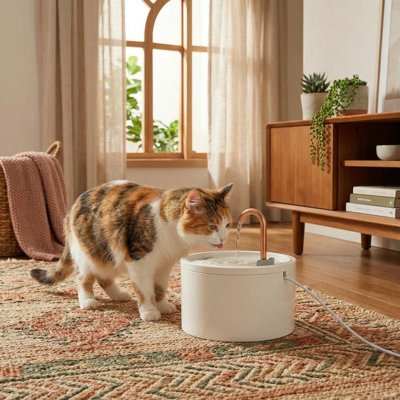 Fontaine pour chat entièrement en céramique, 71 oz / 2,1 L avec bec en cuivre pur, pompe non toxique et ultra-silencieuse, comprend 3 filtres et une éponge, utilisation intérieure, blanc