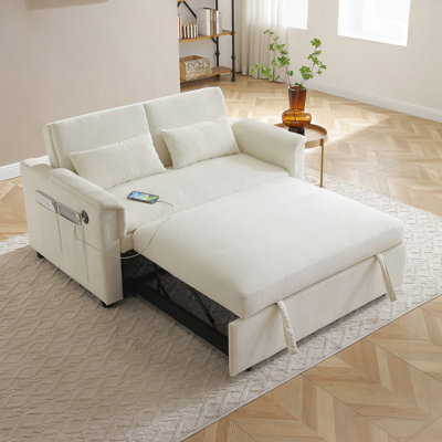 Versatile Pull Out Sofa Bed with Adjustable Backrest, USB Ports, Side Pockets, and Waist Pillows, Ideal for Hosting Guests and Small Living Spaces