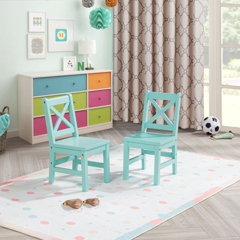 Myona Kids 3 Piece Solid Wood Play Or Activity Table and Chair Set, Mint Blue, Mint Blue