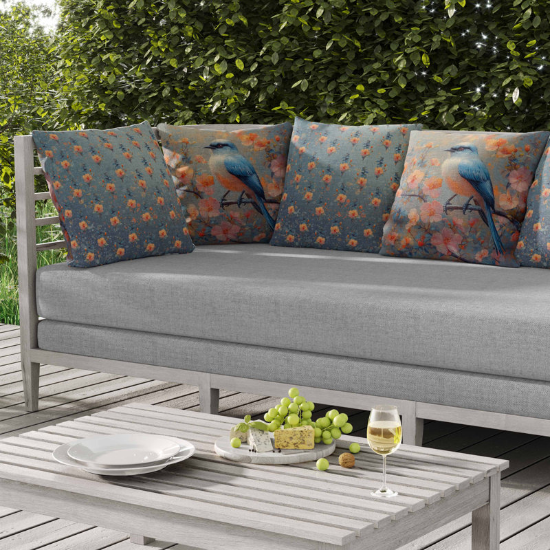 Coussin Floral, Bleu / Orange, Carré 16 po