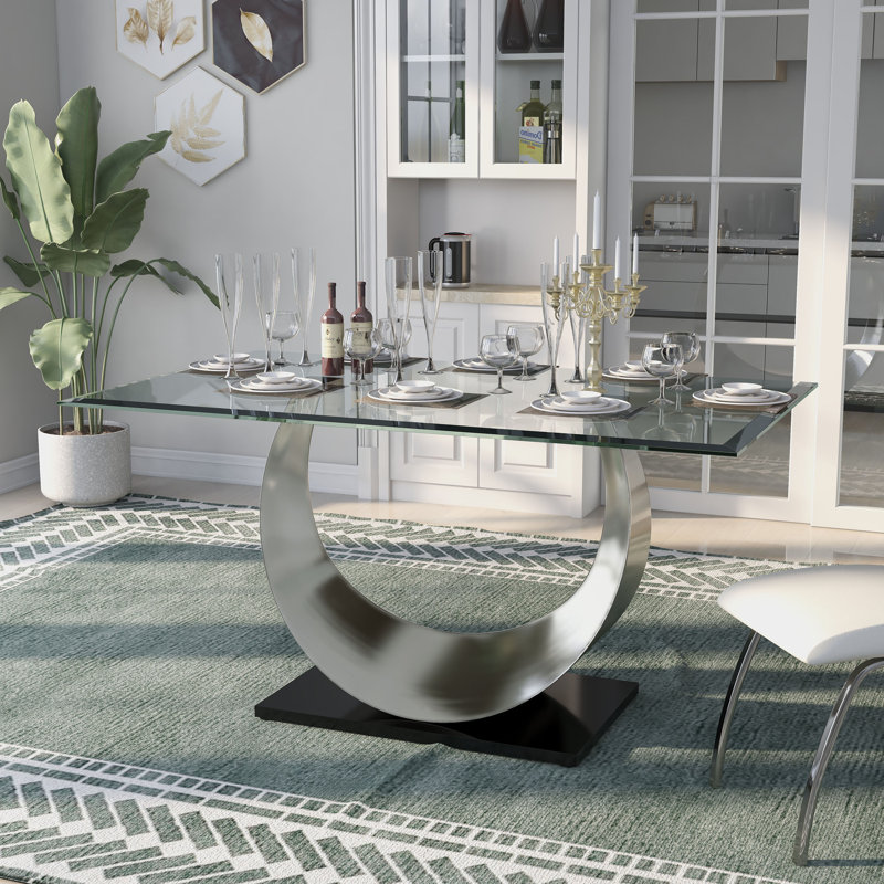 Rectangular Glass Top with Stainless Steel Base Dining Table