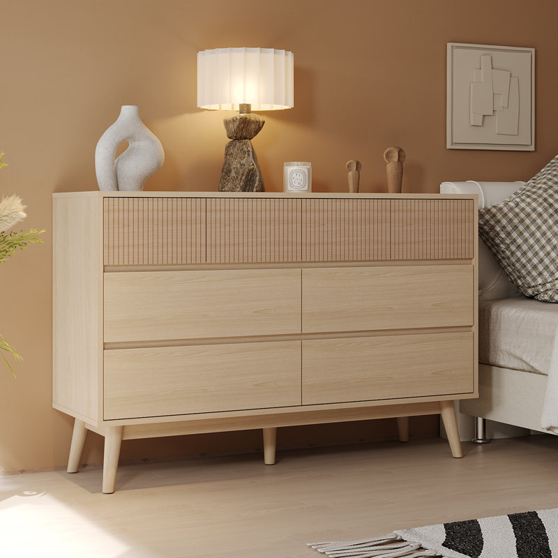 Commode 8 tiroirs, commode, surface rayée et tiroirs sans tiroirs en bois naturel pour le salon, la chambre à coucher, 