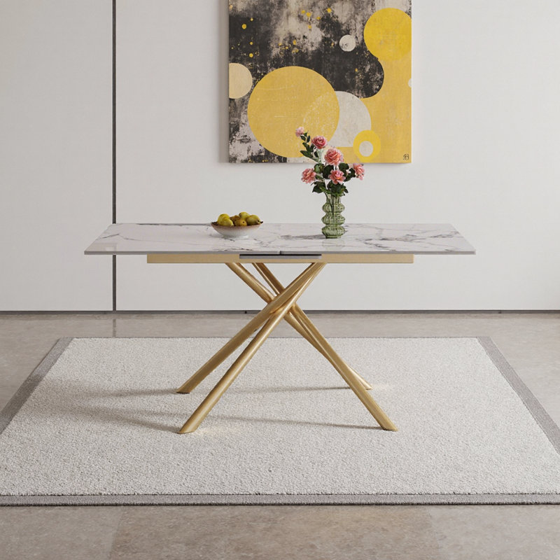 Table de salle à manger rectangulaire moderne extensible avec rallonge rétractable - Plateau en pierre frittée robuste et base en X pour les petits espaces