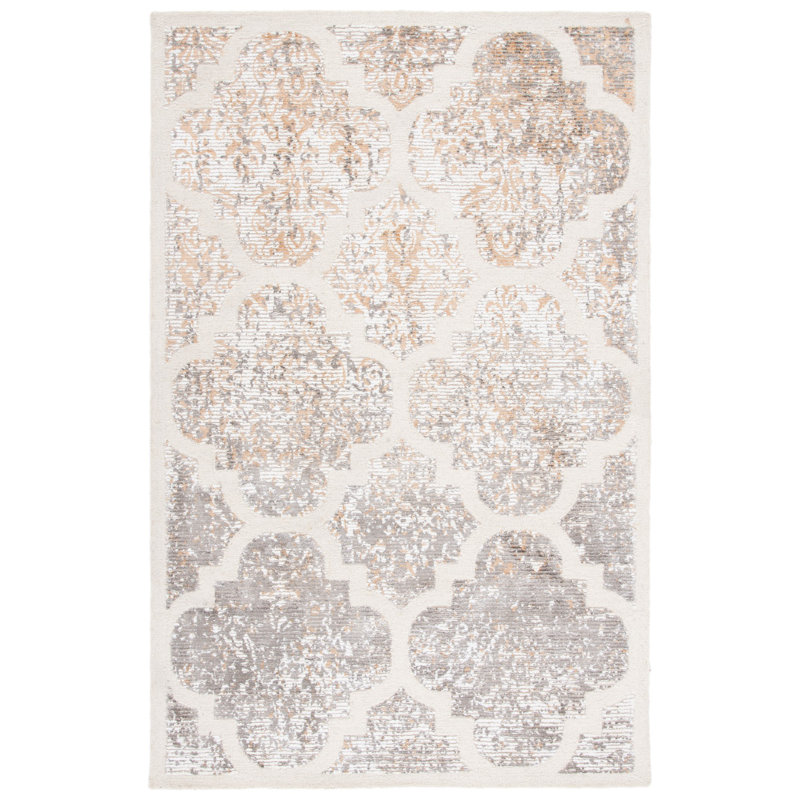 Akims 600 Hand Tufted Wool/Viscose Geometric Rug in Beige/Ivory, Rectangle 5' x 8'