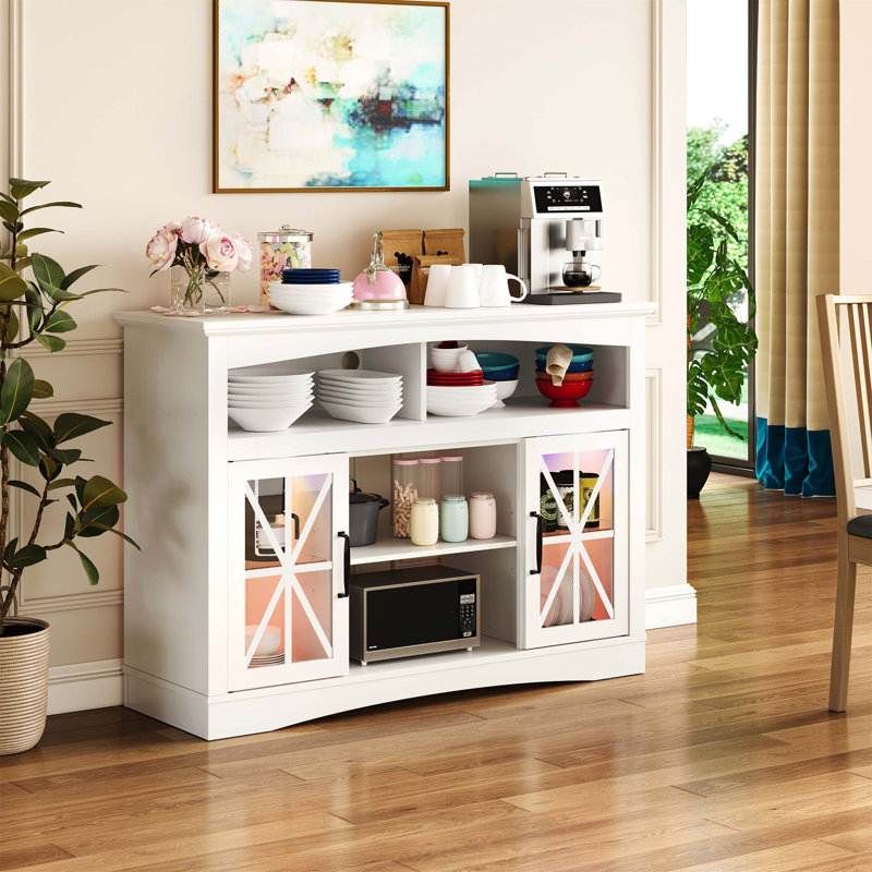 Console télé rétro avec tablettes réglables et éclairage DEL Retro Farmhouse, Blanc