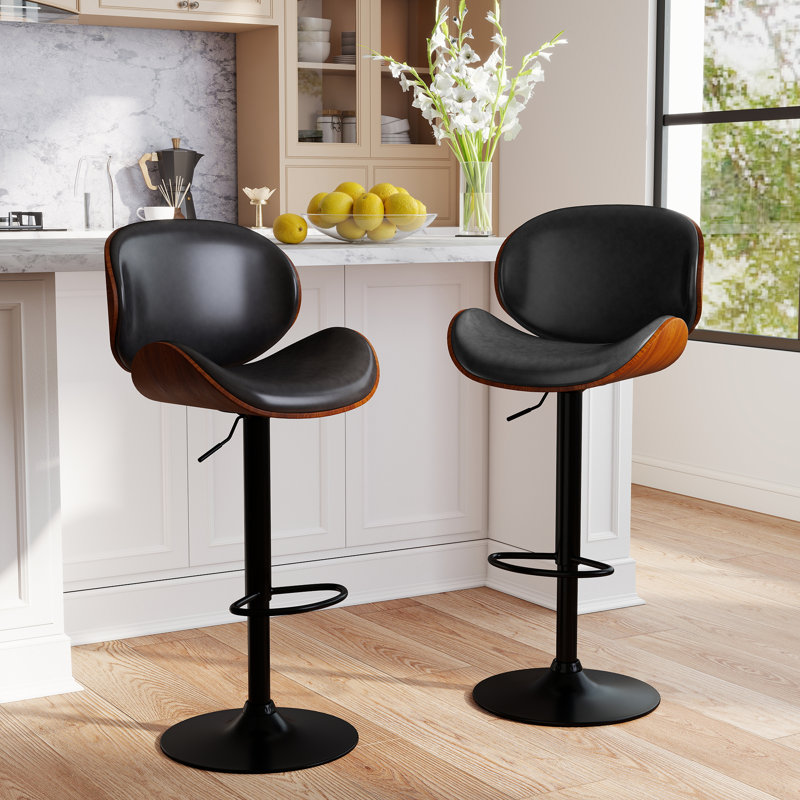 Mid-Century Modern PU Upholstered Swivel Adjustable Height Bar Stools, Black/Black