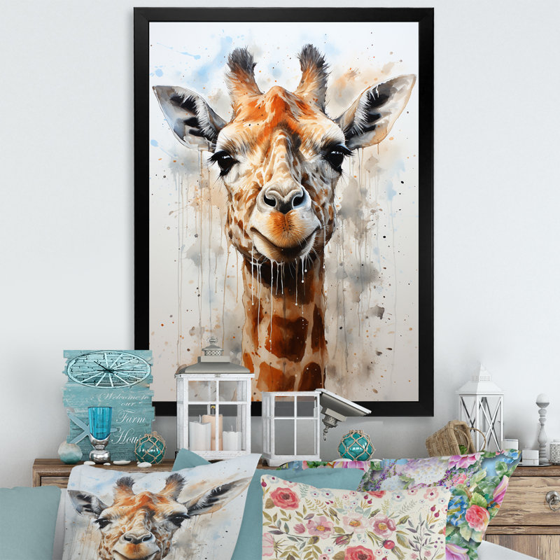 Portrait de girafe minimaliste - Art mural girafe, H 20 po x l 12 po x P 1 po, Cadre simple noir