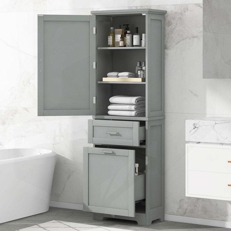 Armoire de salle de bain autoportante polyvalente avec plusieurs options de rangement et caractéristiques de sécurité, Gris