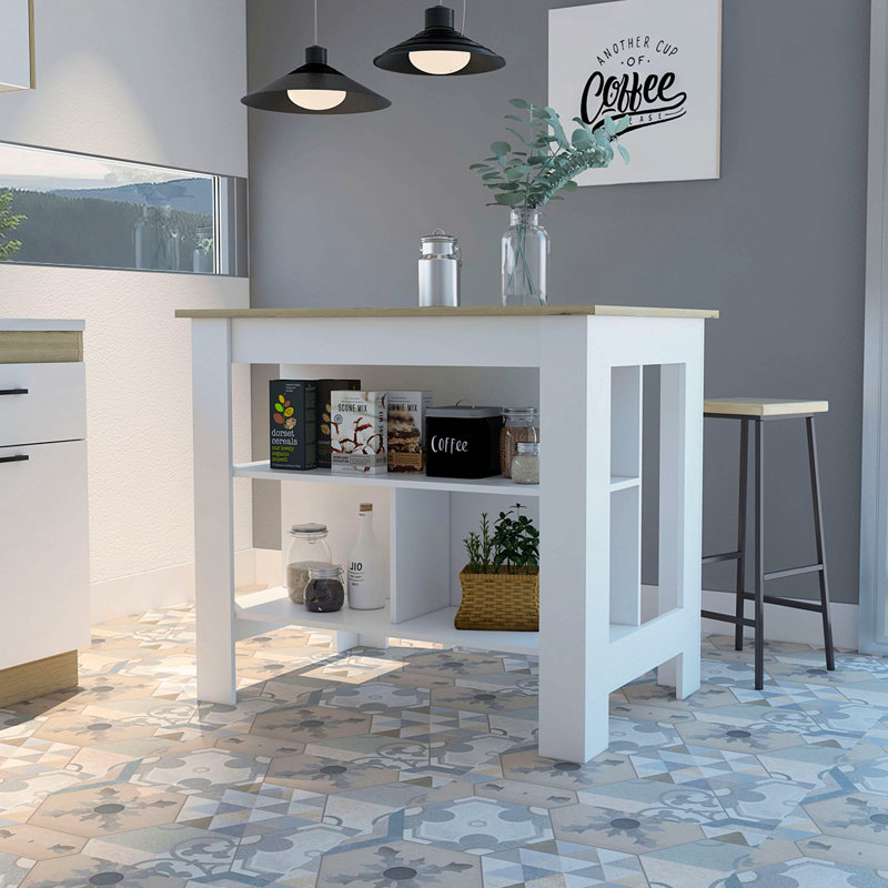 Cala Kitchen Island, Four Legs, Three Shelves, 27.5" H x 40.5" W x 27.5" D, White/Natural