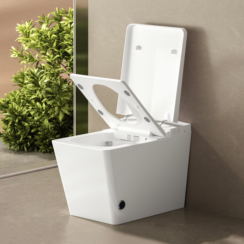Square Smart Toilet With Inserted Tank - Remote Operated, Auto Flush, Heated Seat, Led Screen, User Defined Options, White Appearance For Bathroom Controlled Flushing, Configurable Finish