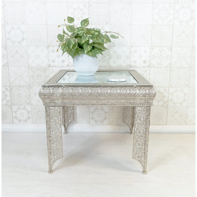 Carlyse Embossed Metal & Glass Moroccan Style Side Table 